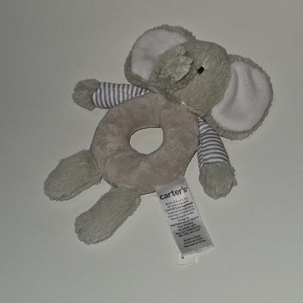 Carter's Gray White Elephant Plush Rattle Baby Toy Lovey Grabber Ring 2019 - Picture 2 of 6